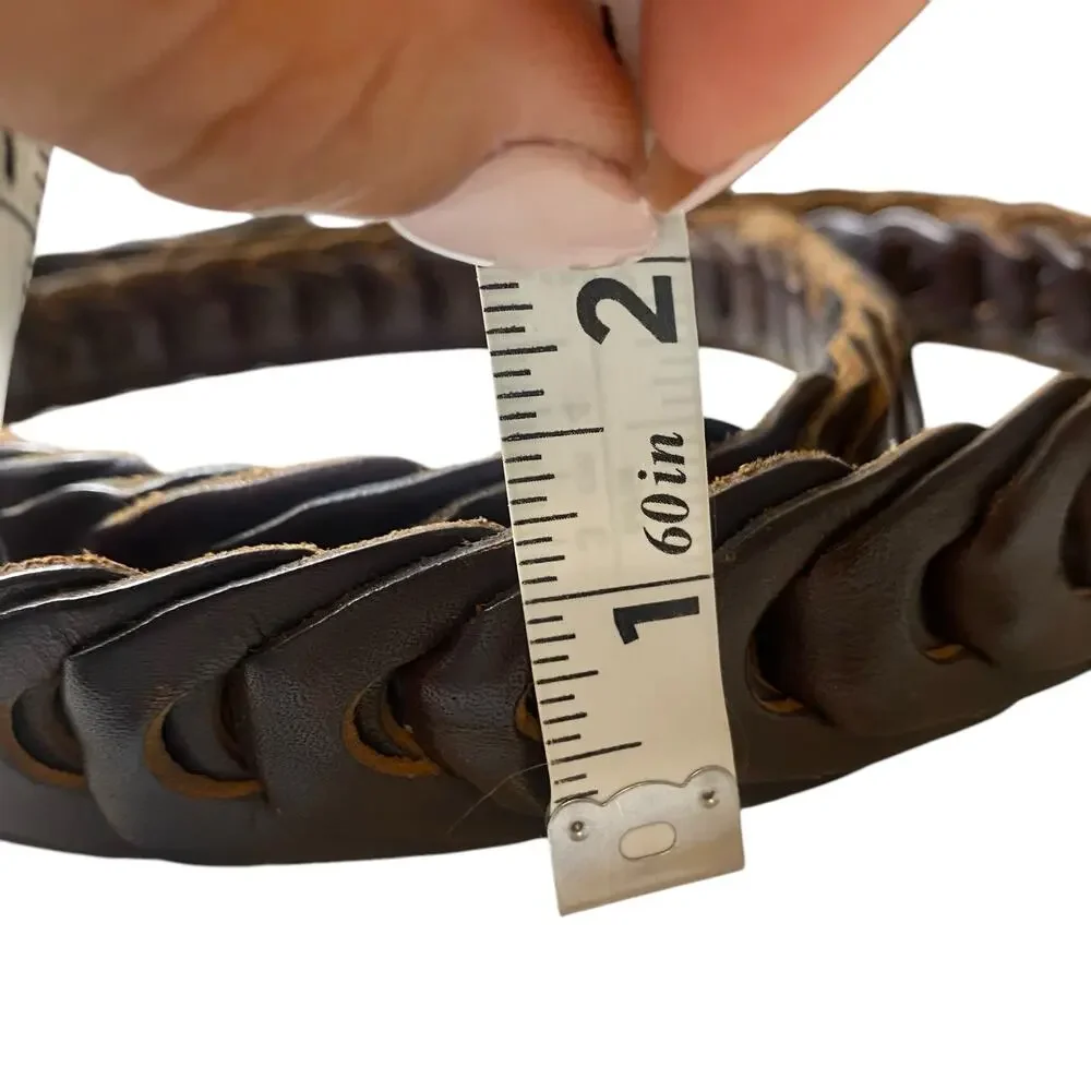 Men's Vintage Dark Brown Woven Leather Belt with silver buckle Size 42